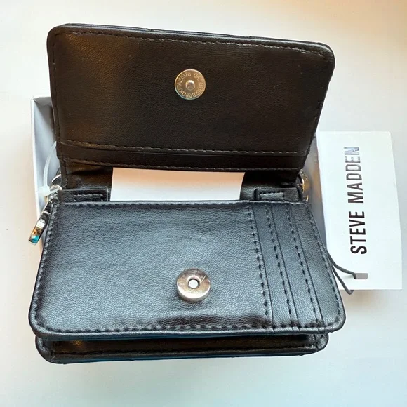 Steve Madden Black Quilted Crossbody Mini-Bag wallet Clutch Chain Strap Box NWT - Picture 3 of 7